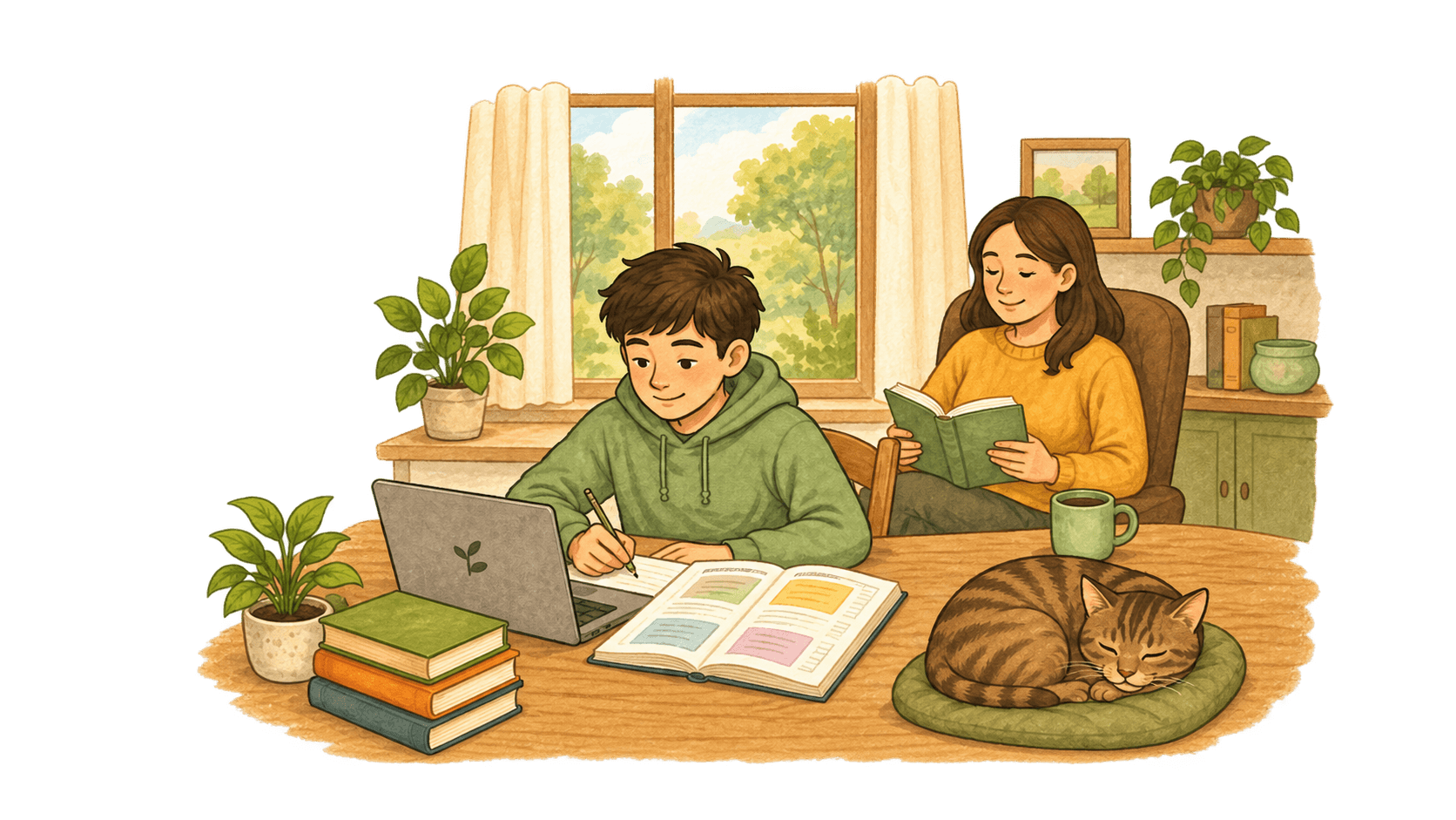 A learner working at a table while an adult supports them nearby