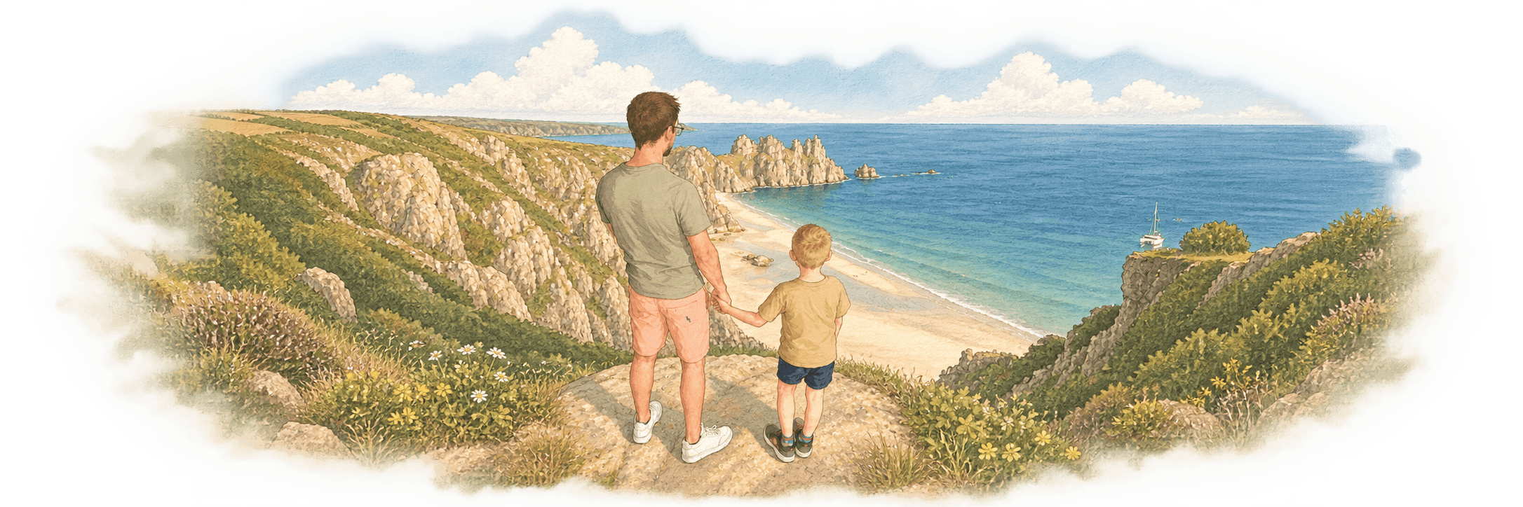 A parent and child looking across a peaceful coastal landscape