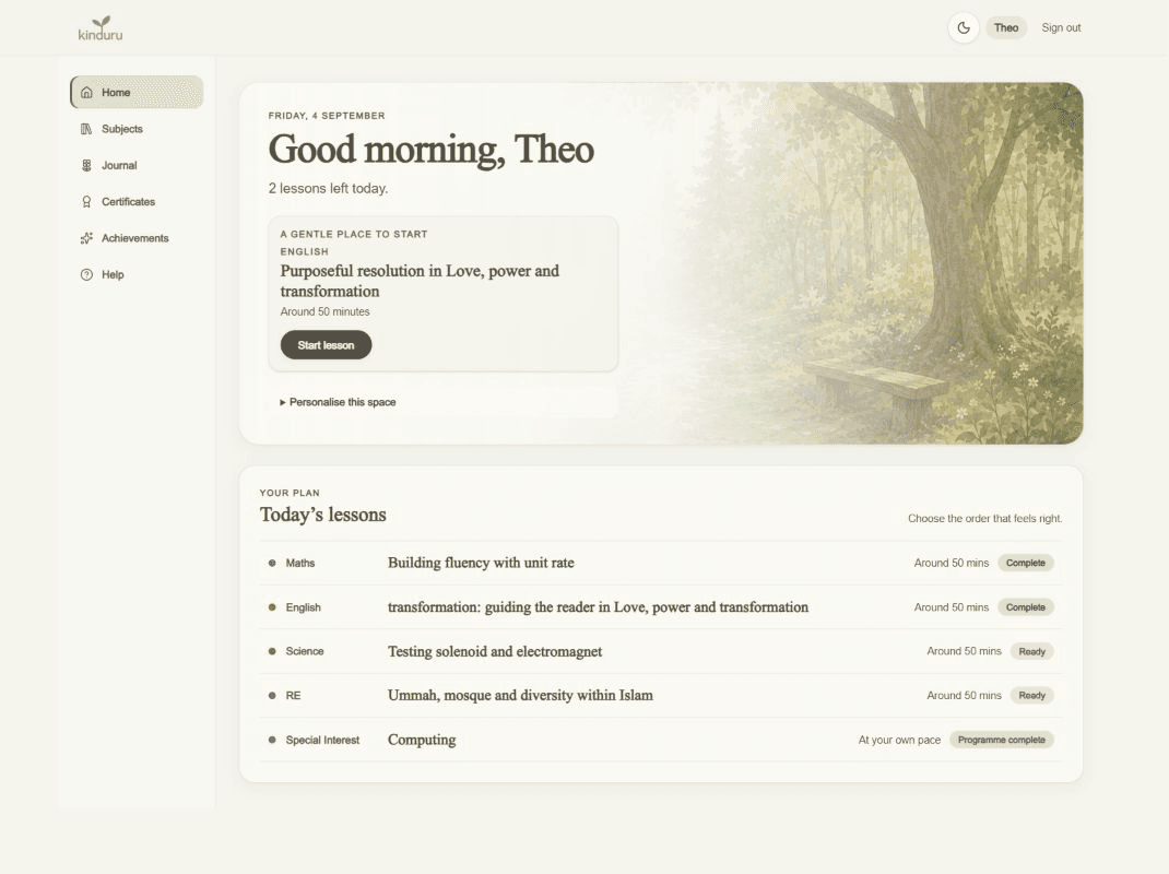 Theo's learner dashboard showing completed lessons and the rest of today's learning plan