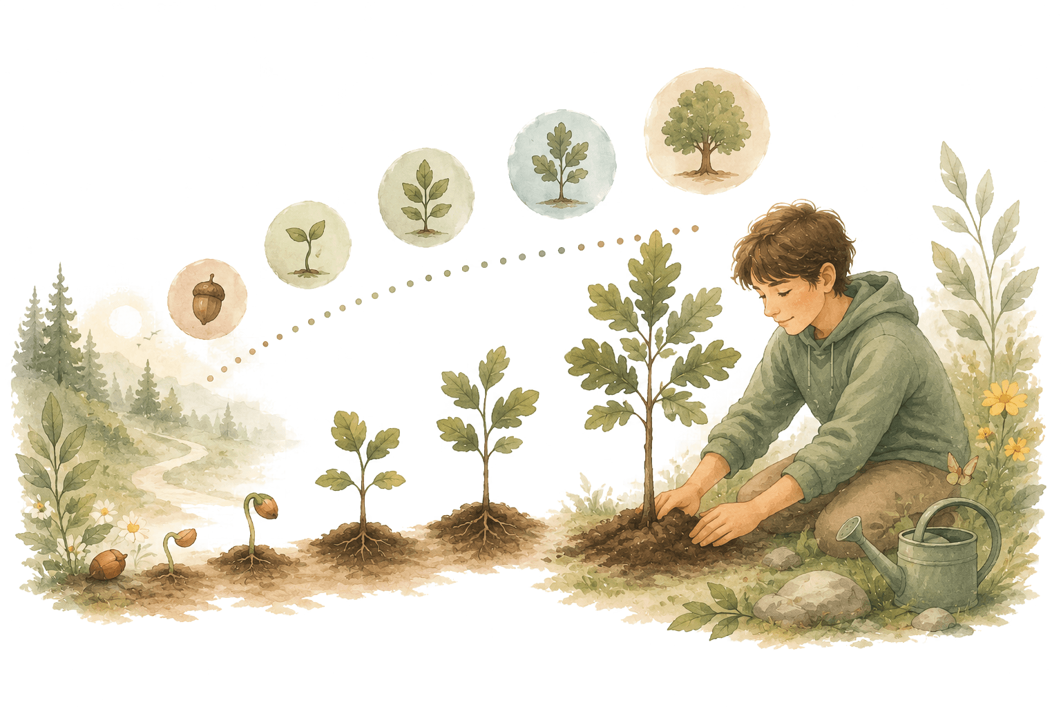 A winding nature path from seed to oak, marking a learner's journey