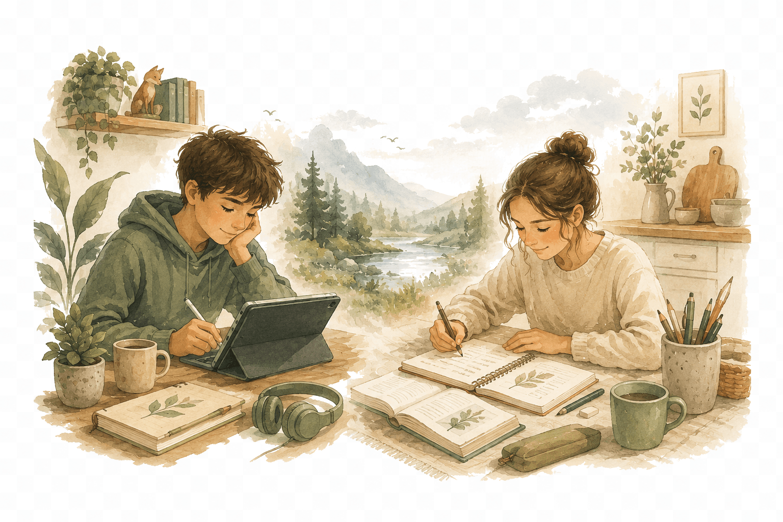 Two learners working calmly — one on a tablet, one on paper
