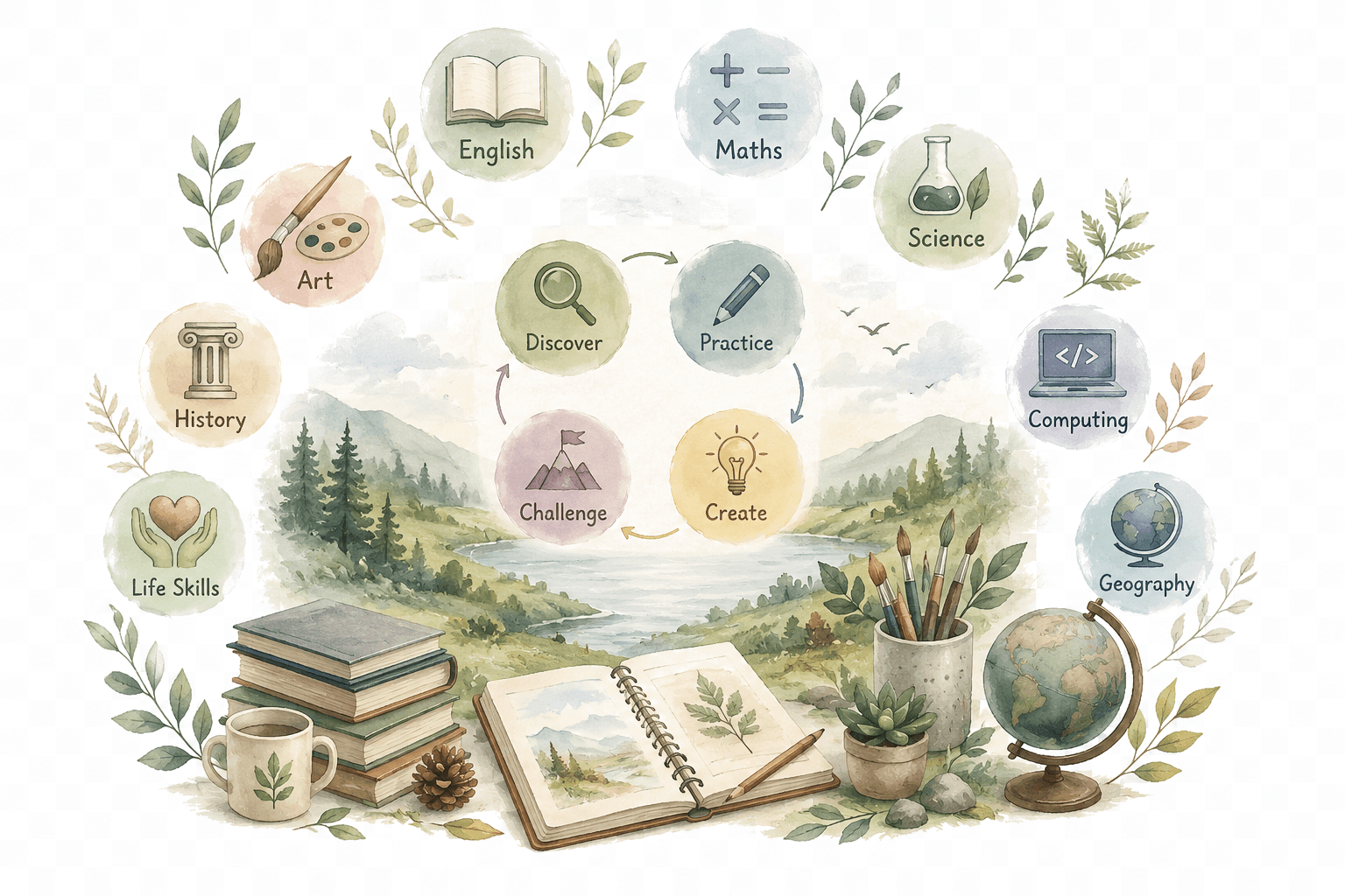The eight Kinduru subjects surrounding the Discover, Practice, Create and Challenge learning cycle